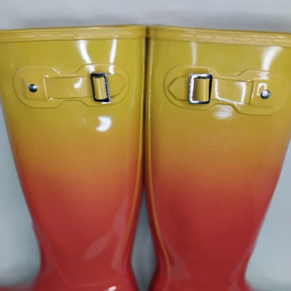 Hunter Boots Rain Tall Glossy Wellies Like New Rare Sunset Ombre Coral Yellow 7 - Picture 10 of 16